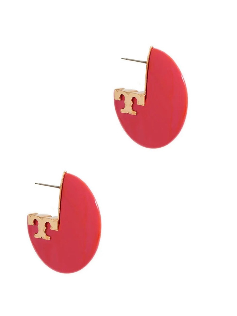 Authentic Tory Burch Bright Coral Gold Logo Disc Earrings (OS) - Picture 5 of 5
